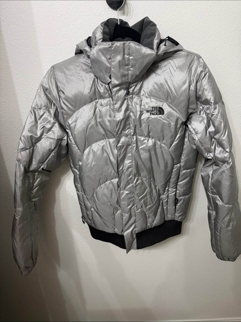 The North Face Silver Puffer Jacket with Hood